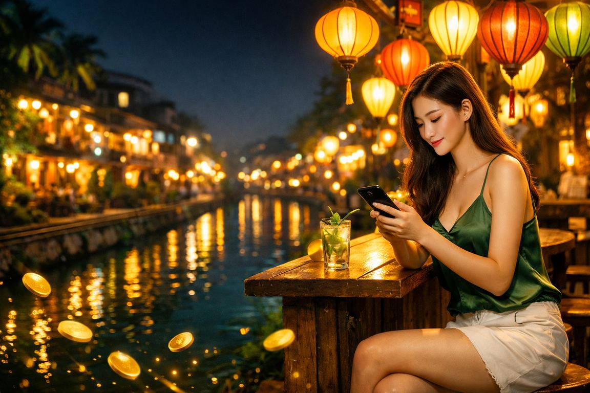 Người dùng Hà Nội truy cập casino trực tuyến trên điện thoại tại chợ đêm sôi động